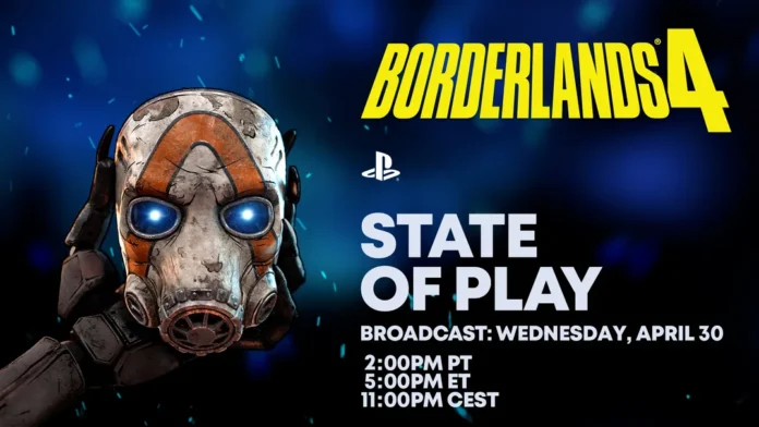 Borderlands 4 State of Play event poster showing masked Vault Hunter and PlayStation broadcast times.