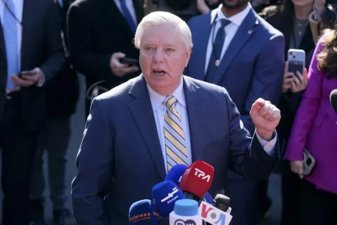 Senator Lindsey Graham speaks to the media while endorsing Donald Trump’s papal aspirations.