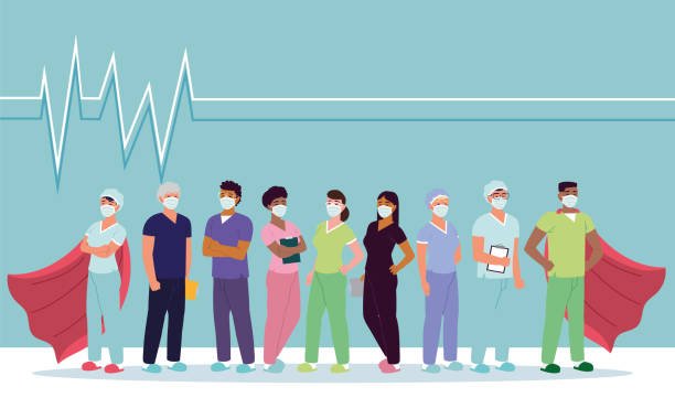 Illustration of diverse healthcare professionals in scrubs and masks, two wearing superhero capes, standing in front of a heart rate monitor line.