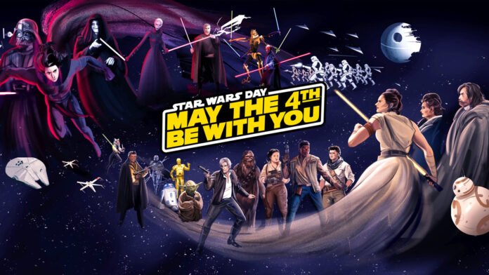 Star Wars characters celebrating Star Wars Day with lightsabers and fireworks.