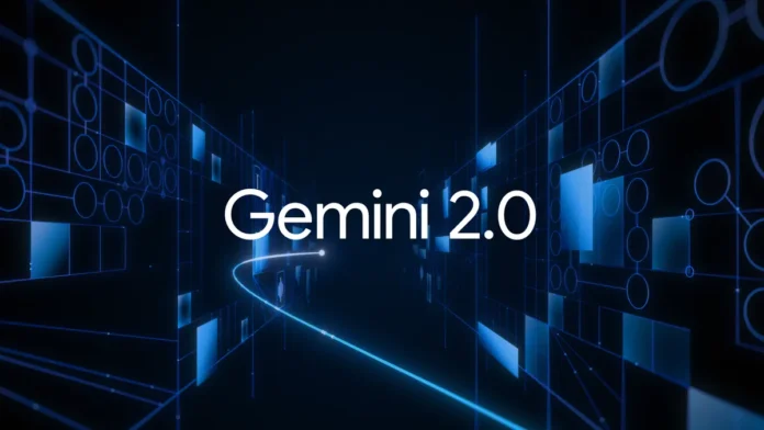 Visual representation of Google’s Gemini 2.0 AI model featuring futuristic digital graphics and data streams in a dark blue interface.