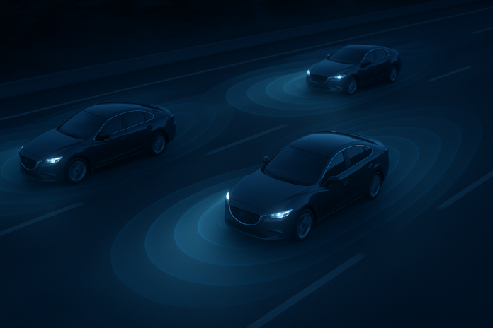 Three autonomous cars driving on a highway, visualized with blue sensor waves representing self-driving technology detection zones.